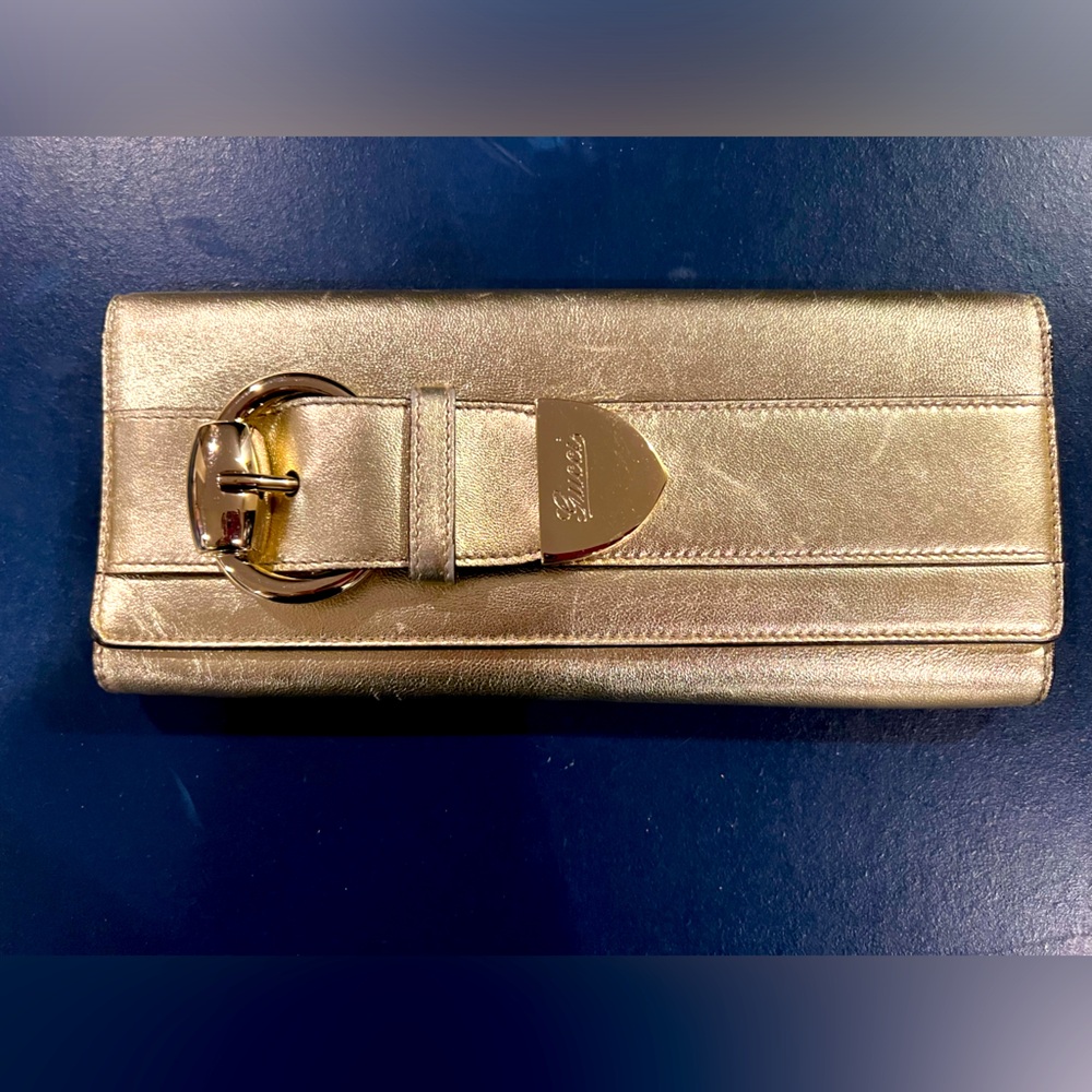 Gucci Light Gold Leather Romy Buckle Clutch